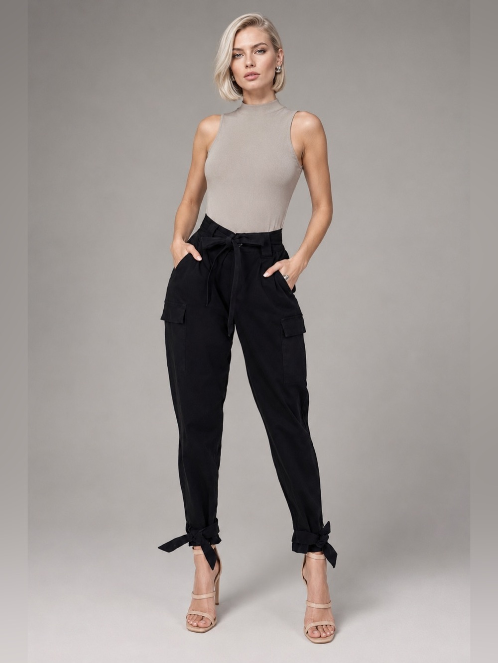 American Bazi Black Twill Cargo Jogger Pants High Rise Tie Belt Pockets S NWT